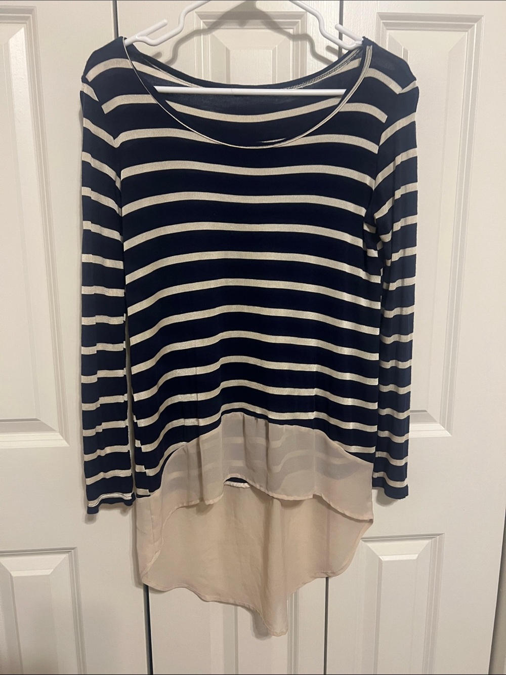 Honey Punch Navy & Cream Striped Layered-Hem Long Sleeve Top